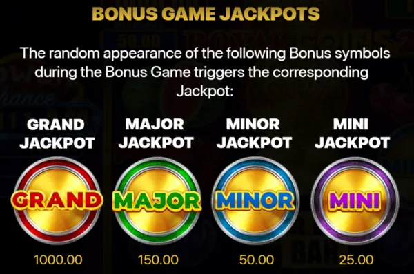 Royal Coins Slot Hold and Win bonus screen with coin symbols and four jackpot labels