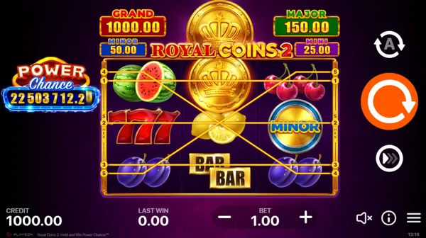 Royal Coins Casino slot layout with three reels, three rows and five fixed pay lines